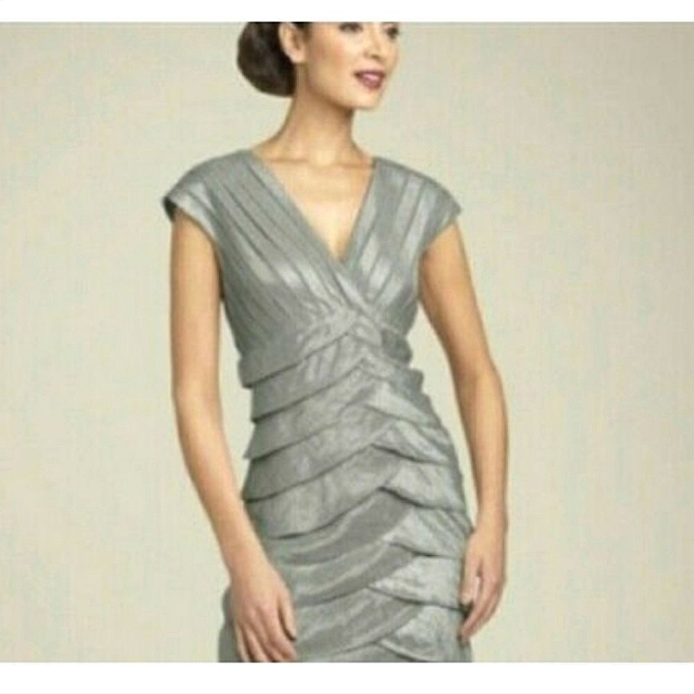 Adrianna Papell Silver Metallic Ruffle Tiered Cocktail Evening Dress Sleeveless - Picture 17 of 17